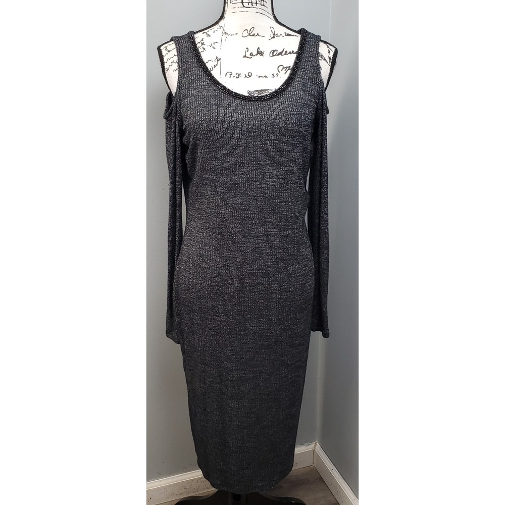 Juicy Couture Sweater Dress Womens Large Black Cold Shoulder Embellished Neck